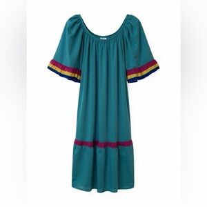 🌸 Vintage 1970s Teal Cotton Maxi‎ Dress Ruffle Sleeves Boho XL 🌸